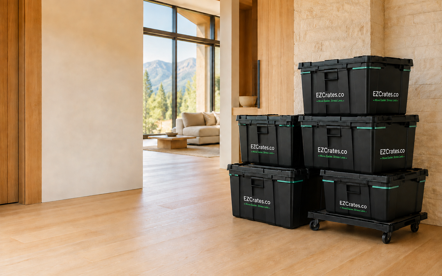 Matte black EZCrates moving crates and dolly in a bright Northern Utah home
