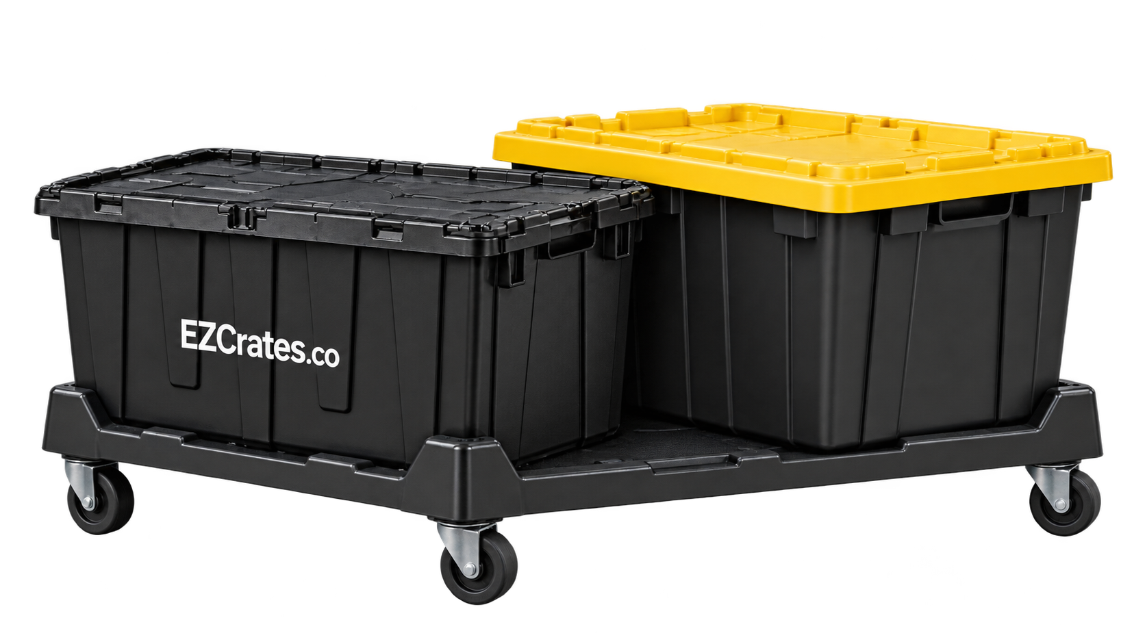 Black XL EZCrates and yellow-lid XXL totes with a platform dolly