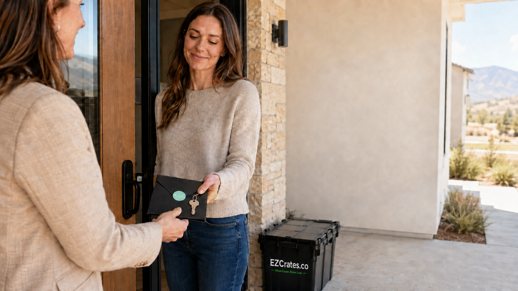 A Realtor presenting keys and a welcome packet to a new homeowner beside a branded EZCrates moving crate