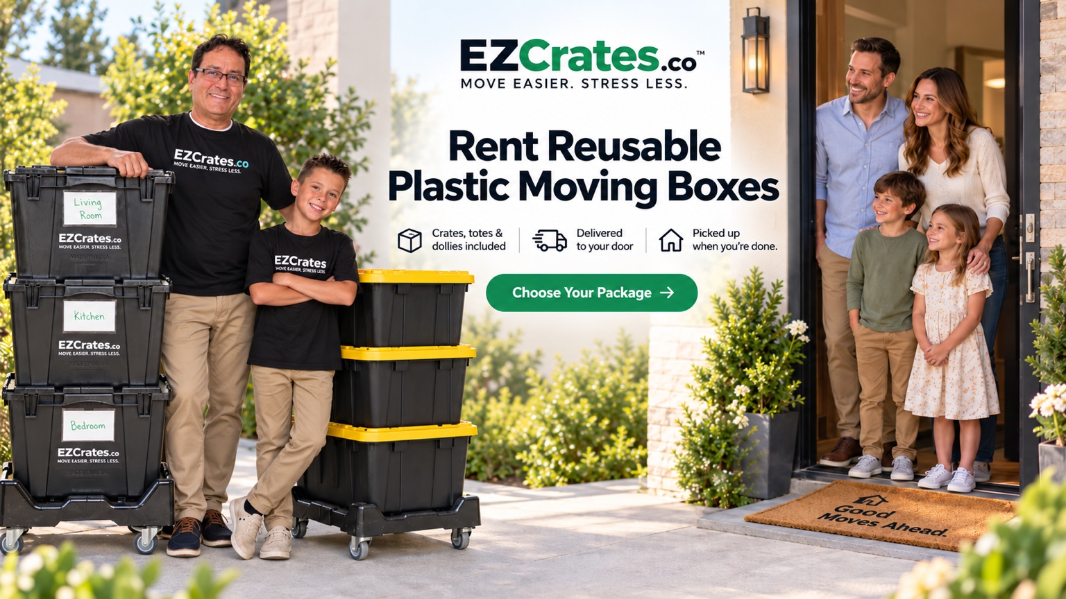 Grandpa and Tony delivering black EZCrates and yellow-lid totes to a family at their new home